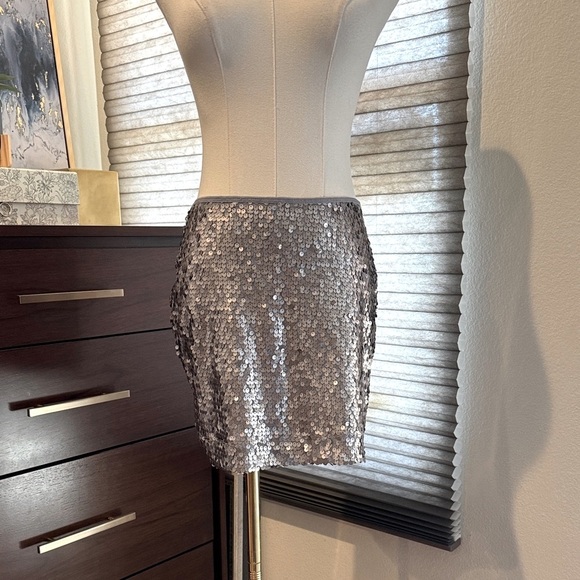 NWT Woman's Express Sequin Silver Mini Skirt. Size Small but runs LARGE - Picture 1 of 4